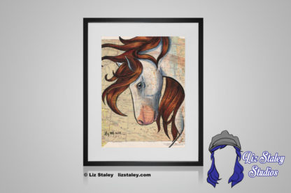 Portrait of a white Nokota horse with a brown mane blowing in the wind. The horse has its head down, neck arched. The background is a vintage map of the United States