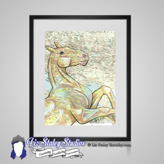 Framed image of a golden Akhal-teke horse rearing. The background is a map of Turkmenistan and surrounding area