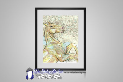 Framed image of a golden Akhal-teke horse rearing. The background is a map of Turkmenistan and surrounding area