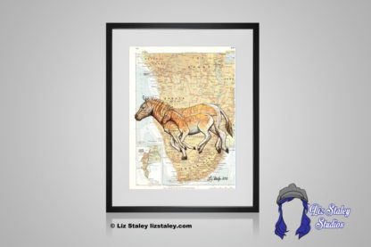 Illutration of a Quagga mare and foal running, facing left. They are drawn on a vintage map of Southern Africa