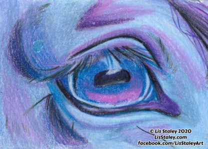 Close up detail image of a horse's eye, looking to the right, done in blue, purple, and pink colors