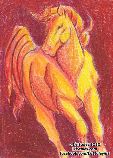 Drawing of a horse running toward the camera. The entire drawing is in shades of yellow, orange, and red.