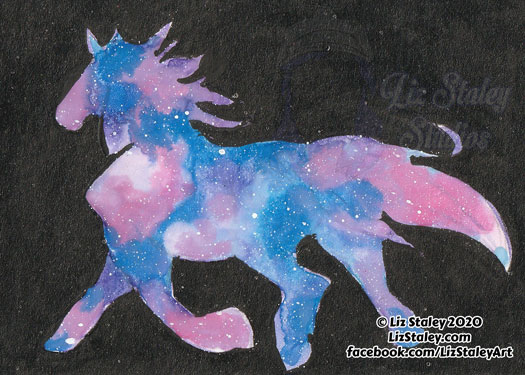 Sihouette of a galaxy-colored running horse with a black background