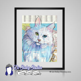 Angora cat illustration. The cat is white with one green and one blue eye. Background is a map of Turkey