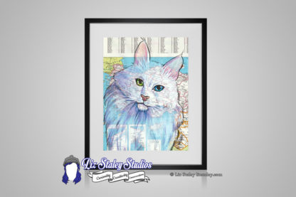 Angora cat illustration. The cat is white with one green and one blue eye. Background is a map of Turkey