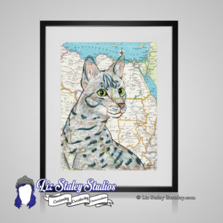 Egyptian Mau cat, gray and black striped with bright green eyes. The background of the illustration is a map of Egypt