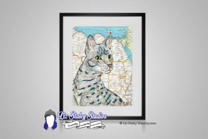 Egyptian Mau cat, gray and black striped with bright green eyes. The background of the illustration is a map of Egypt