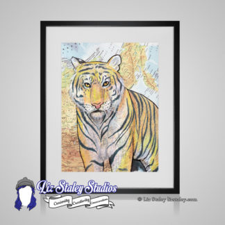 Siberian Tiger orange with black stripes and yellow eyes. Background of the illustration is a map of Siberia