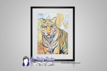 Siberian Tiger orange with black stripes and yellow eyes. Background of the illustration is a map of Siberia