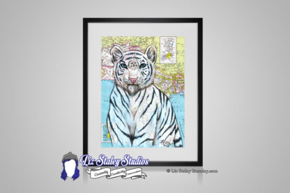 Illustration of a white tiger with blue eyes. The illustration background is a map of India